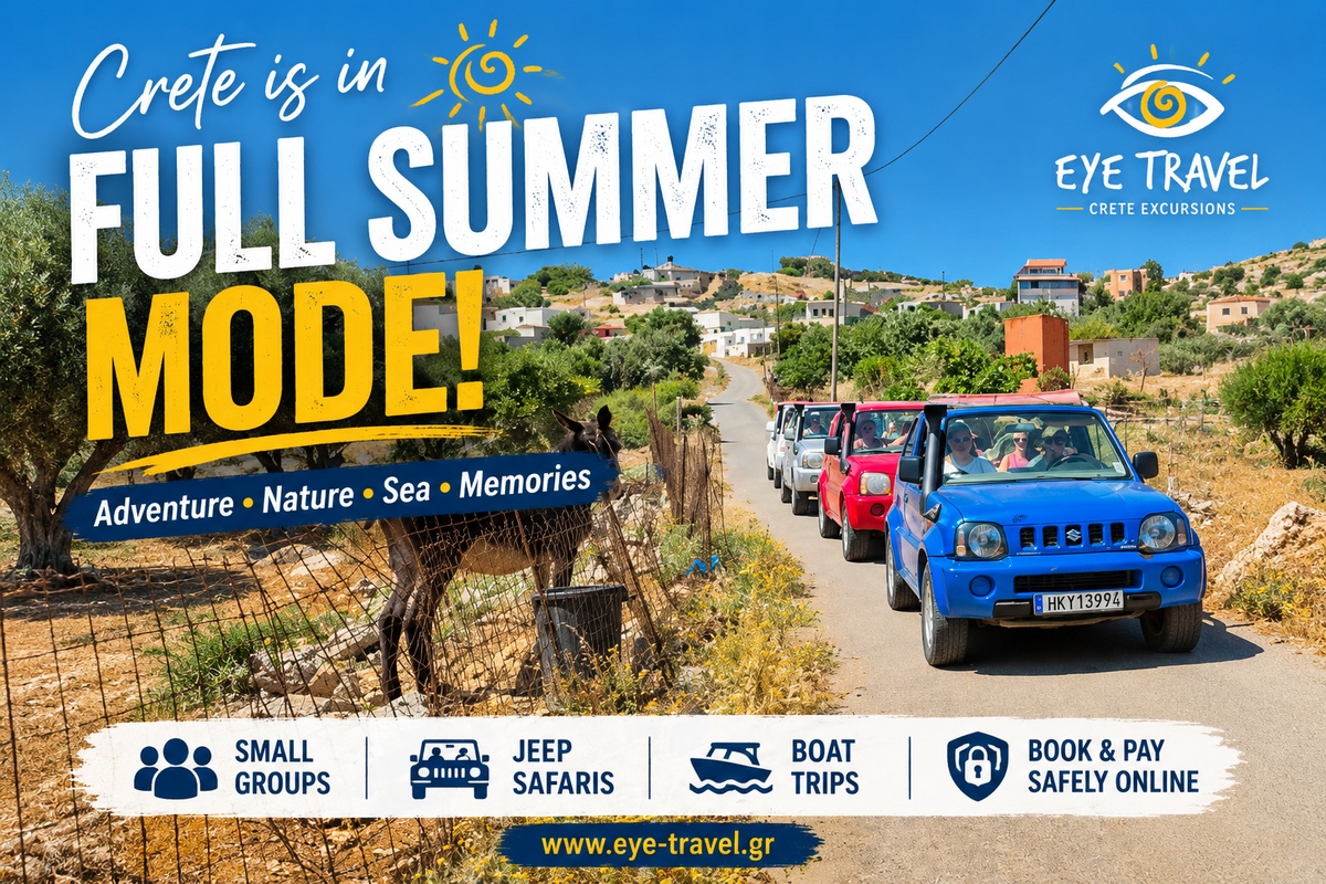 La Crète est en plein été avec Eye Travel, ses safaris en jeep, excursions en bateau et expériences inoubliables à travers l'île.